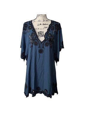 Cleobella Womens Size S Embroidered Floral Tunic Scalloped-Hem Blue Mini Dress